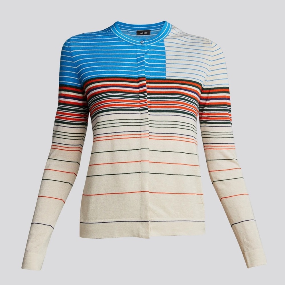 Akris Scarf Trench Stripe Print Cashmere Silk Cardigan Sweater Blue Beige 8